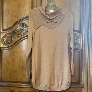 Chico's Keyhole Cutout Pullover Copper Brown Cowl Neck Knit Luxe Long Sweater